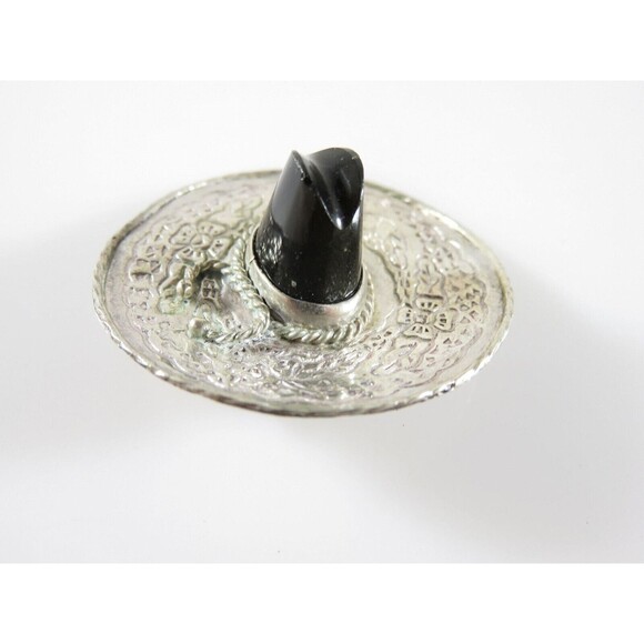 Fancy Sombrero Pin Brooch Sterling Silver & Onyx 925 Marked JE Hat Floral Design - Picture 5 of 9